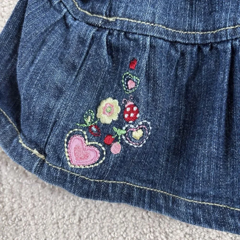Wonderkids Girls Denim Pinafore Overalls Tiered Dress Embroidery Hearts Coquette